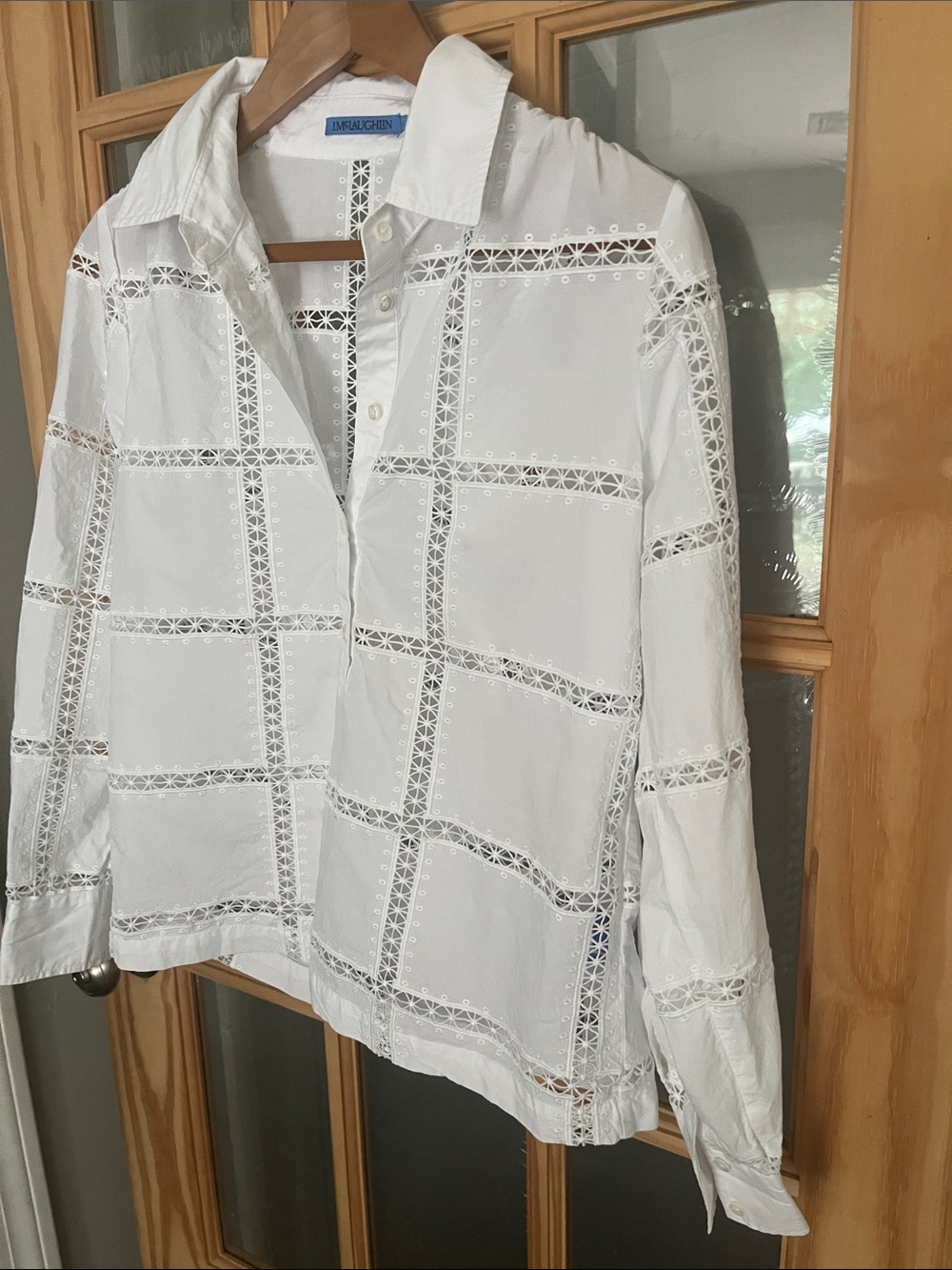 J.McLaughlin White Eyelet Blouse popover button down blouse cotton oversized EUC - Picture 4 of 7